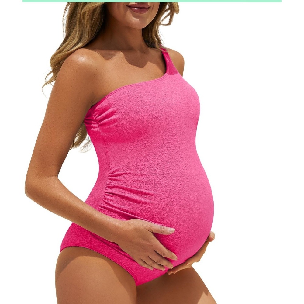 Maternity One Shoulder Textured Pink Swimsuit Ruched One Piece XL Swimwear Woman